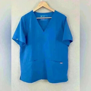 Figs Casma 3 Pocket Blue Short Sleeve Scrub Top Women's XL